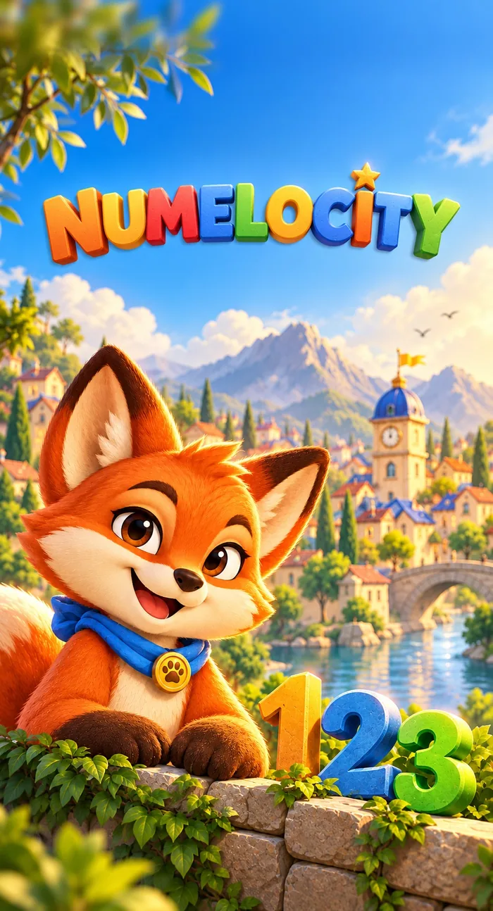 Rusty the fox in front of the town of Numelocity
